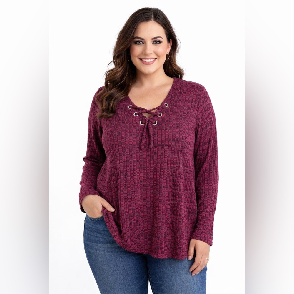 Chenault Red Ribbed Tie Front Long Sleeve Blouse